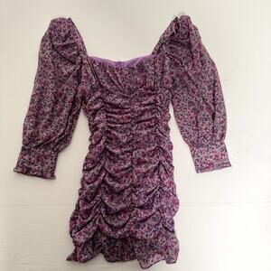 Zara Pink Floral Ruched Mini Dress Puff Sleeve  Cottagecore Romantic LARGE